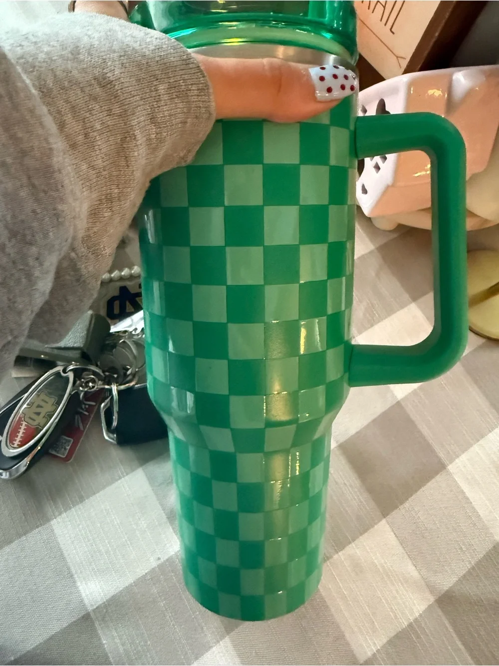 Green Checkerboard Travel Mug with Handle